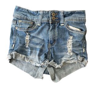 Rue 21 Shorts Women 3/4 Blue Distressed Mid Rise Junior Denim (W26 L2)